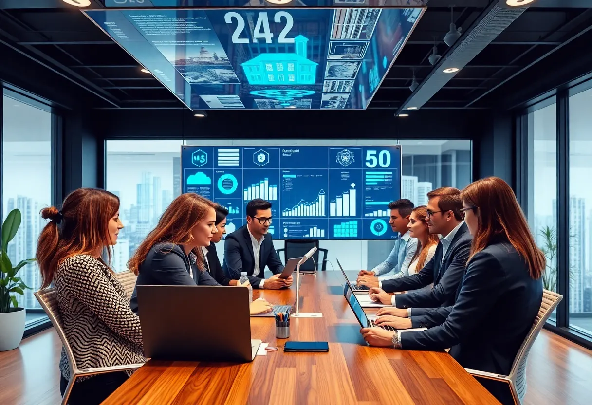 A modern workspace depicting AI technology in real estate operations
