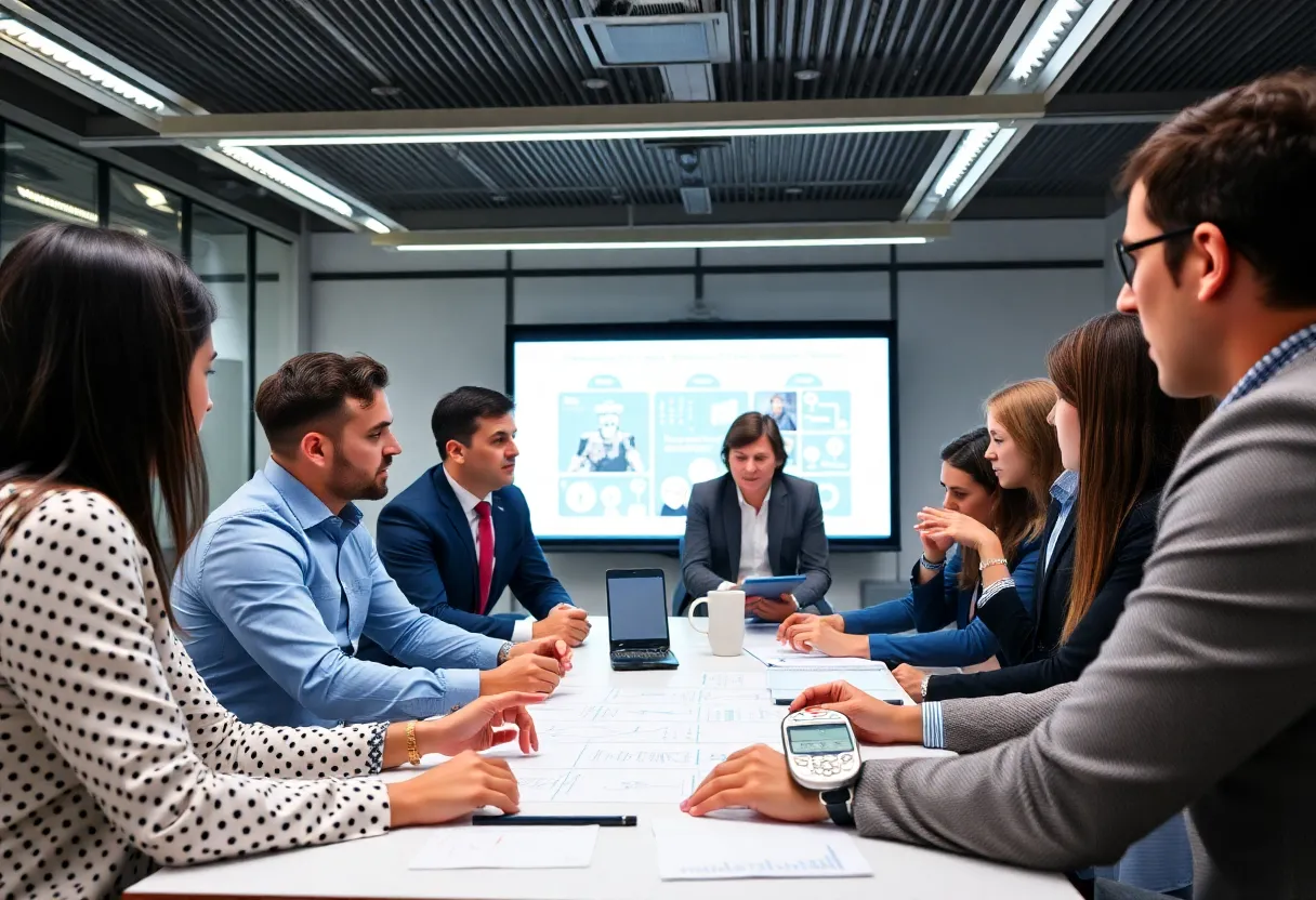 Business executives participating in an AI leadership workshop