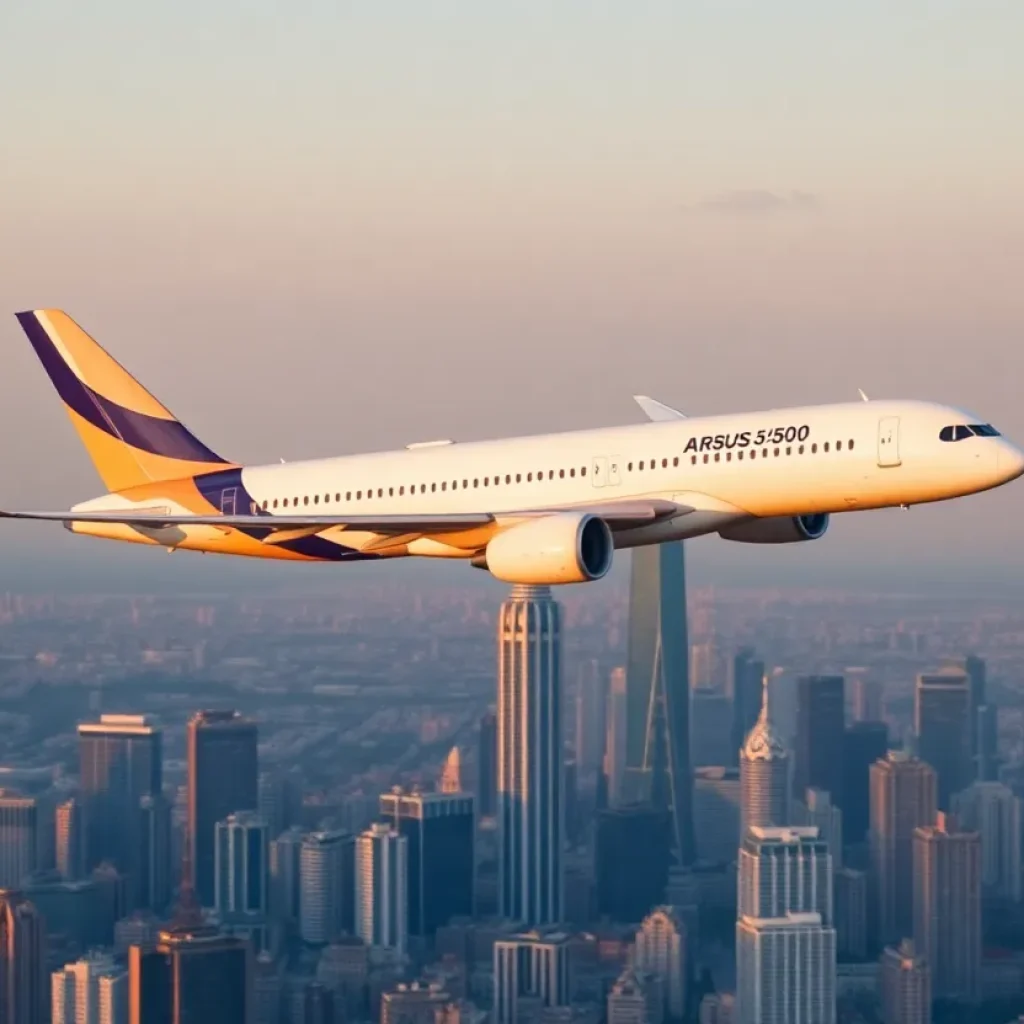Airbus A350-900 in flight above a city skyline