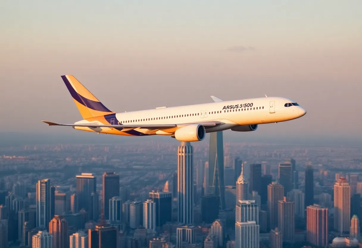 Airbus A350-900 in flight above a city skyline