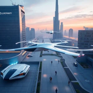 Illustration of electric aircraft in an urban setting representing advanced air mobility.