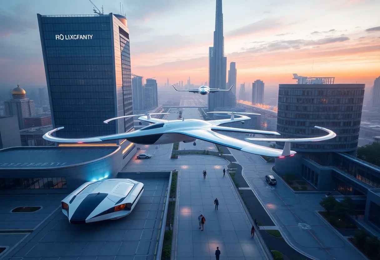 Illustration of electric aircraft in an urban setting representing advanced air mobility.