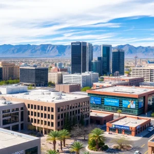 Arizona skyline featuring business buildings and technology elements.