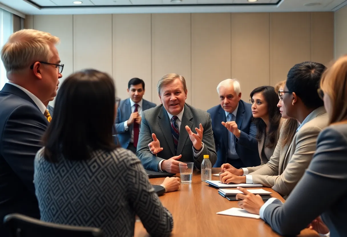 Tense meeting of Arizona Democrats discussing party leadership change.