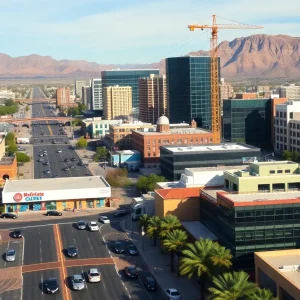 Cityscape of Arizona reflecting economic expansion with various businesses and construction