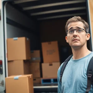Concerned individual by a moving truck reflecting on moving scams