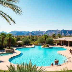 A luxury resort pool in Arizona surrounded by lush greenery and mountains, perfect for a summer staycation.