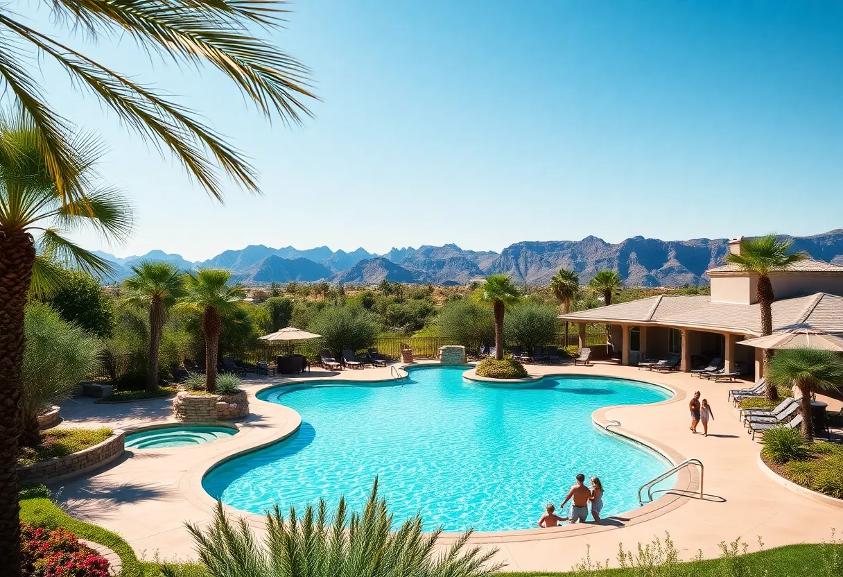 A luxury resort pool in Arizona surrounded by lush greenery and mountains, perfect for a summer staycation.