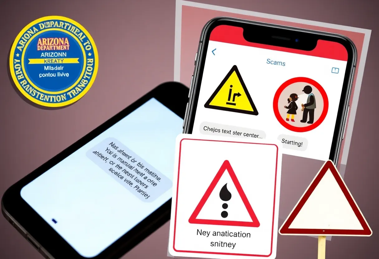 Illustration showcasing smishing scams related to Arizona traffic citations and toll notices.
