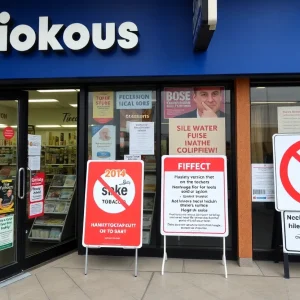 Smoke shop with age restriction signage