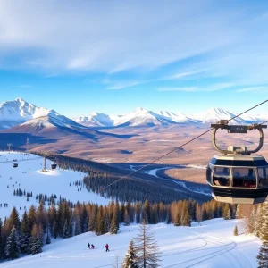 Skiers on the slopes of Arizona Snowbowl with the gondola in the background.