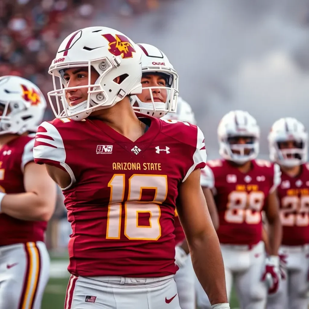 Arizona State football players in new maroon and white uniforms