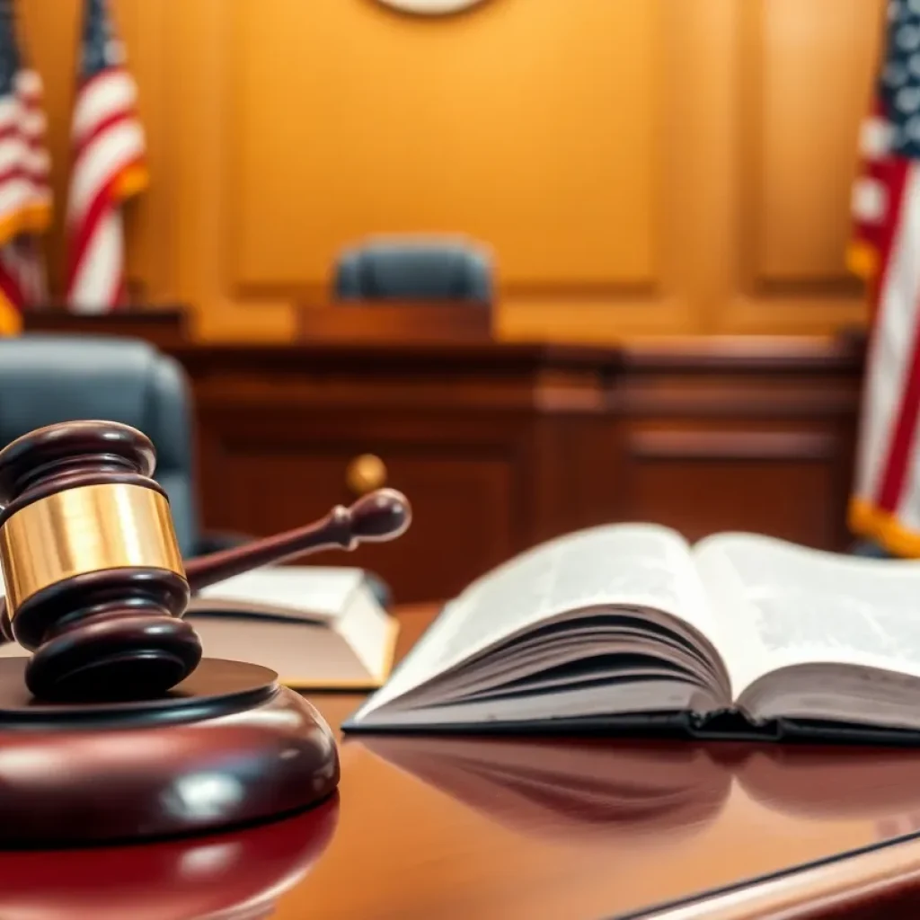 Courtroom scene representing legal ruling