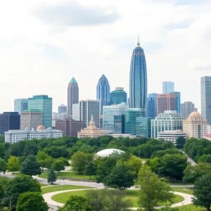 Aerial view of Atlanta's skyline with modern buildings and green spaces
