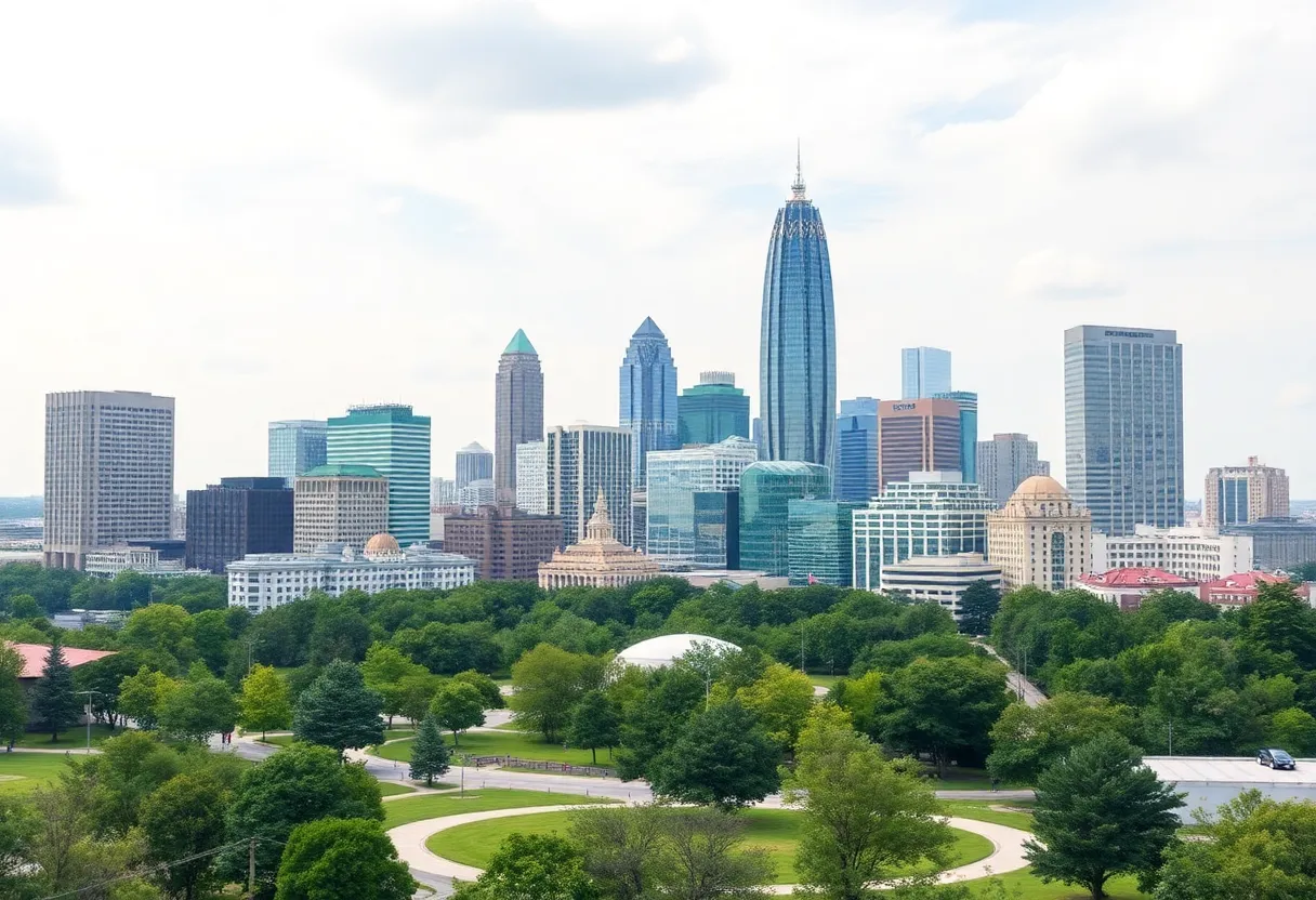 Aerial view of Atlanta's skyline with modern buildings and green spaces