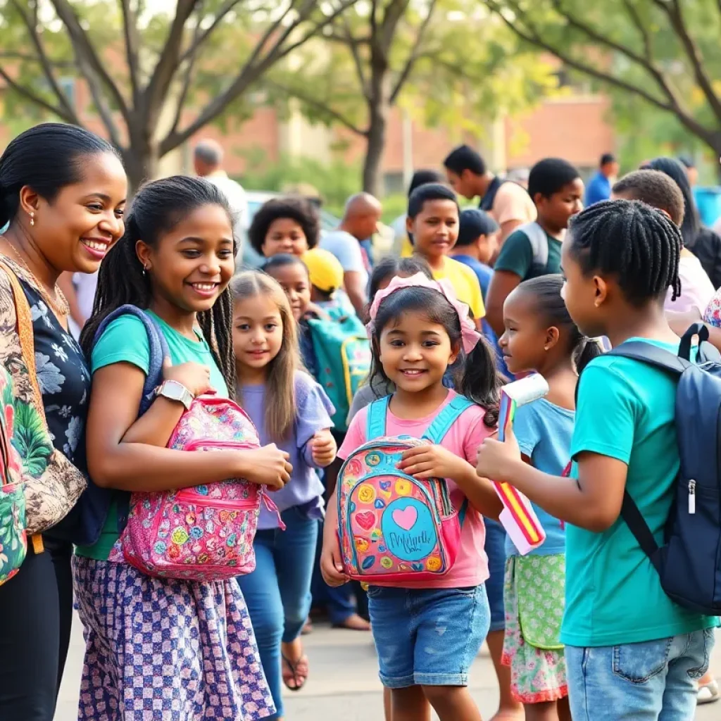 Families receiving backpacks at a community giveaway event in Phoenix