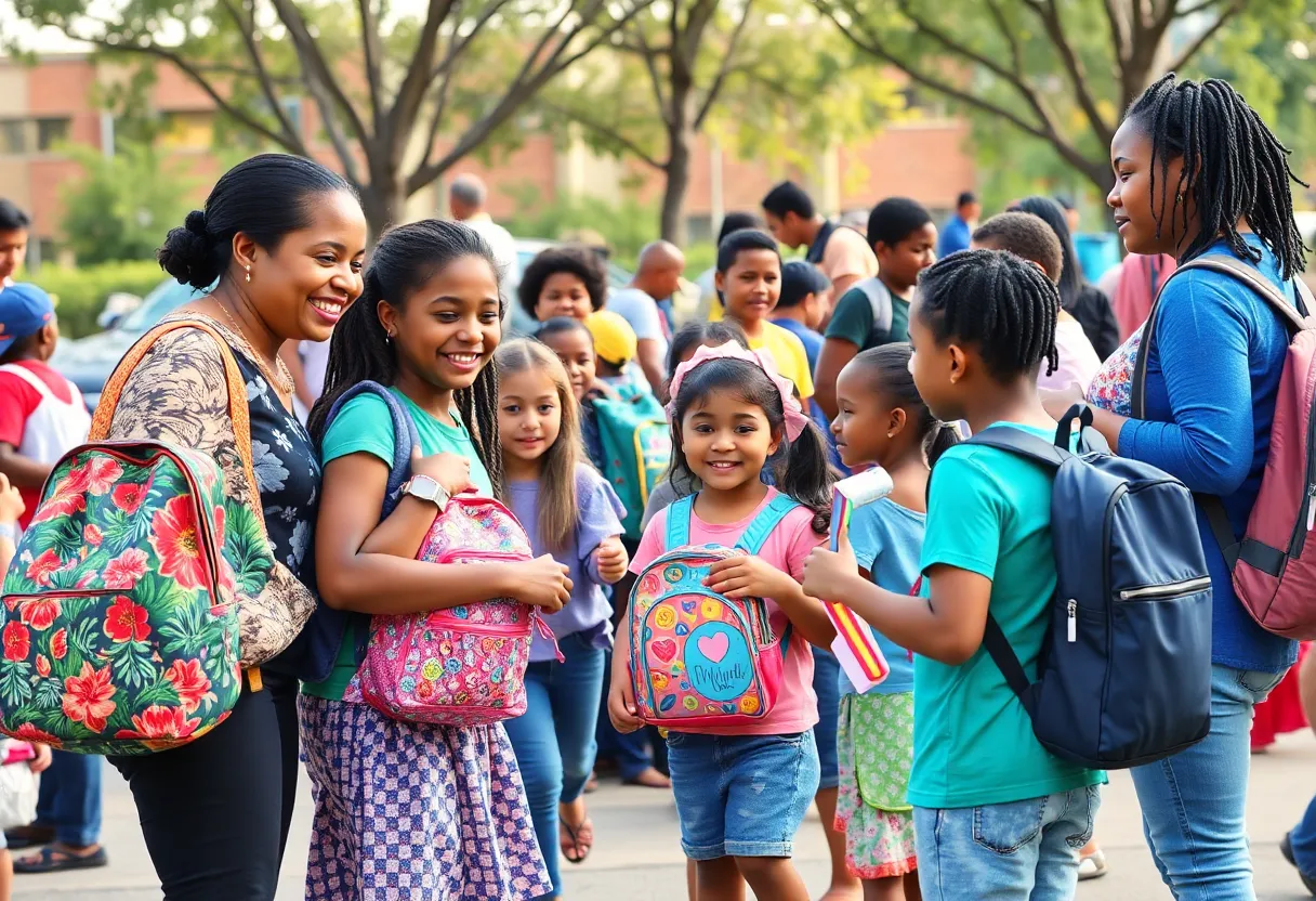 Families receiving backpacks at a community giveaway event in Phoenix