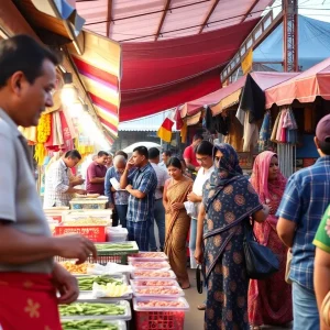 Community members at a Burmese market in Phoenix, engaging in conversation and shopping.
