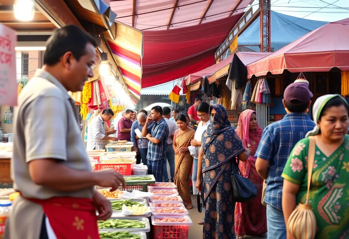 Community members at a Burmese market in Phoenix, engaging in conversation and shopping.