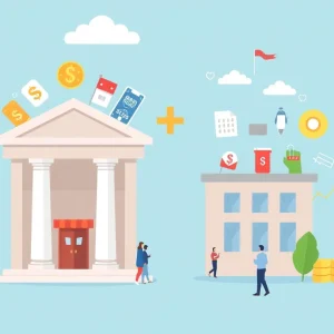 Illustration depicting the merger of Busey Bank and CrossFirst Bankshares.