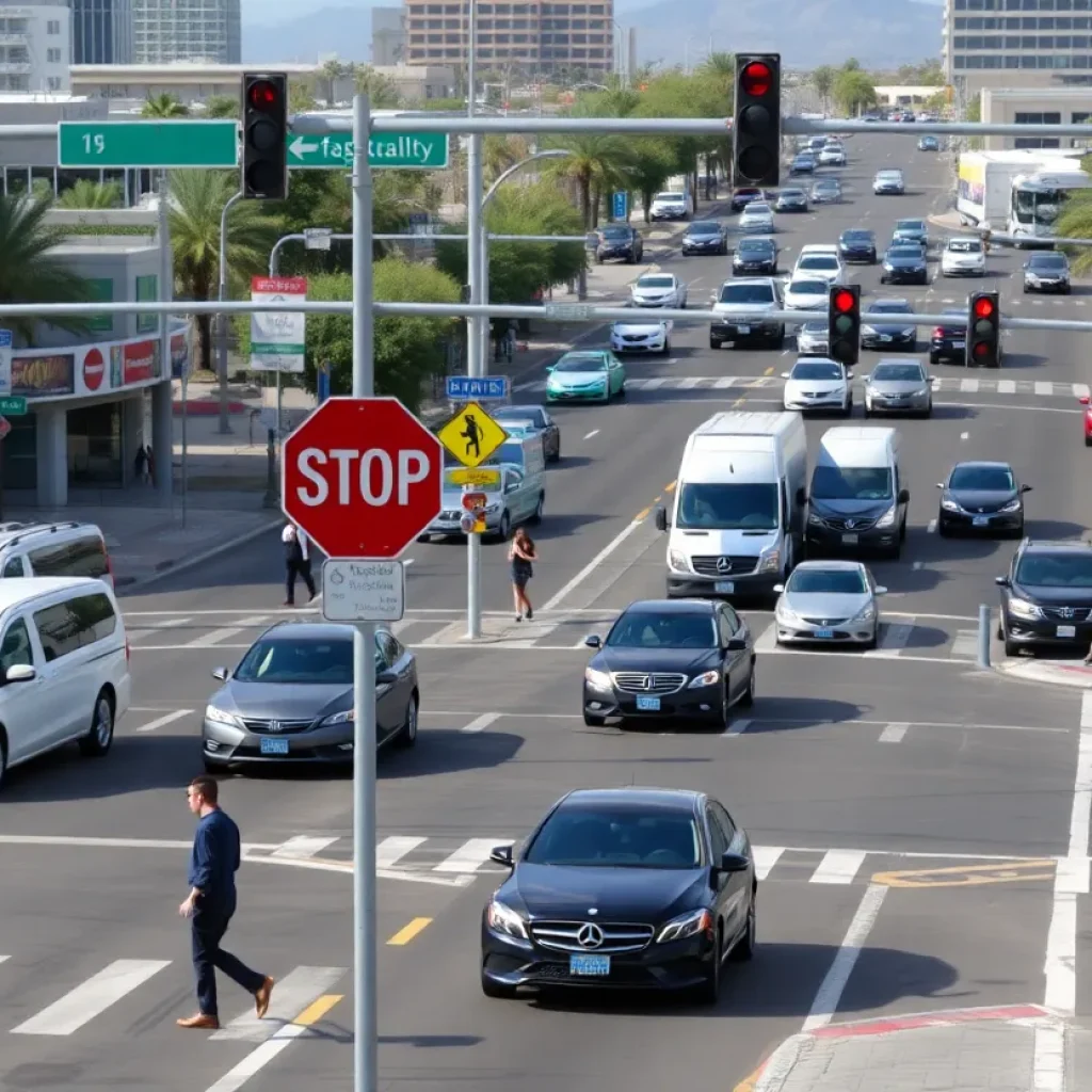 Urban intersection with pedestrians crossing