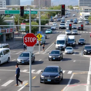 Urban intersection with pedestrians crossing