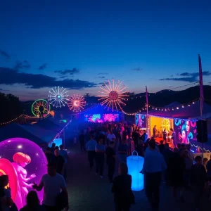 Vibrant outdoor scene at the Canal Convergence Art Festival with interactive art installations.