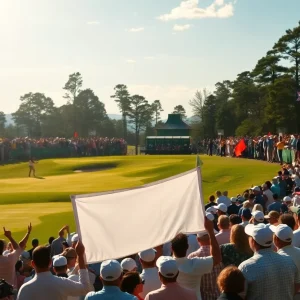 A crowd celebrating at a golf tournament
