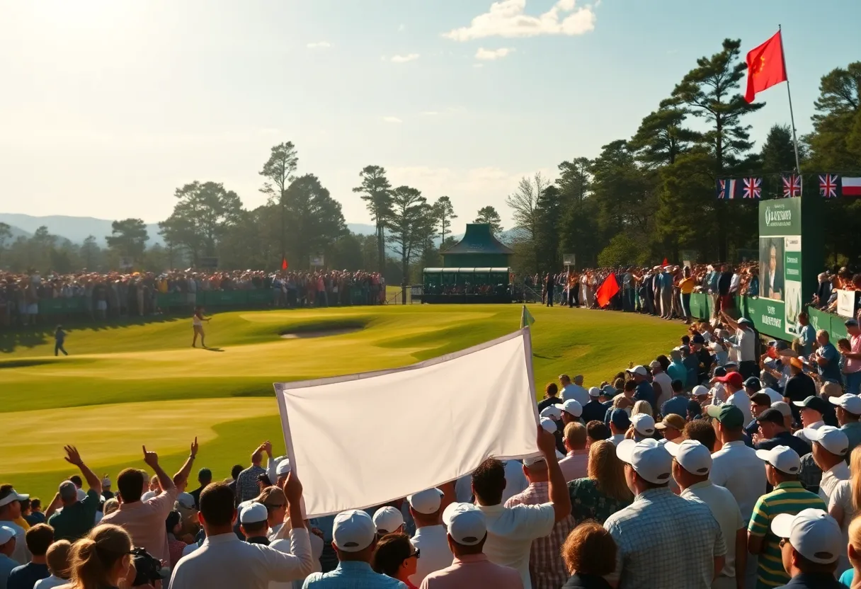 A crowd celebrating at a golf tournament