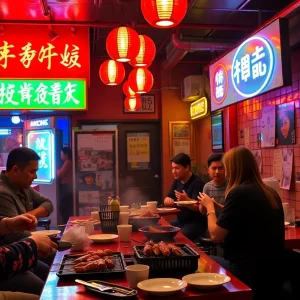 Interior view of Chubby Skewers restaurant in Mesa with neon lights