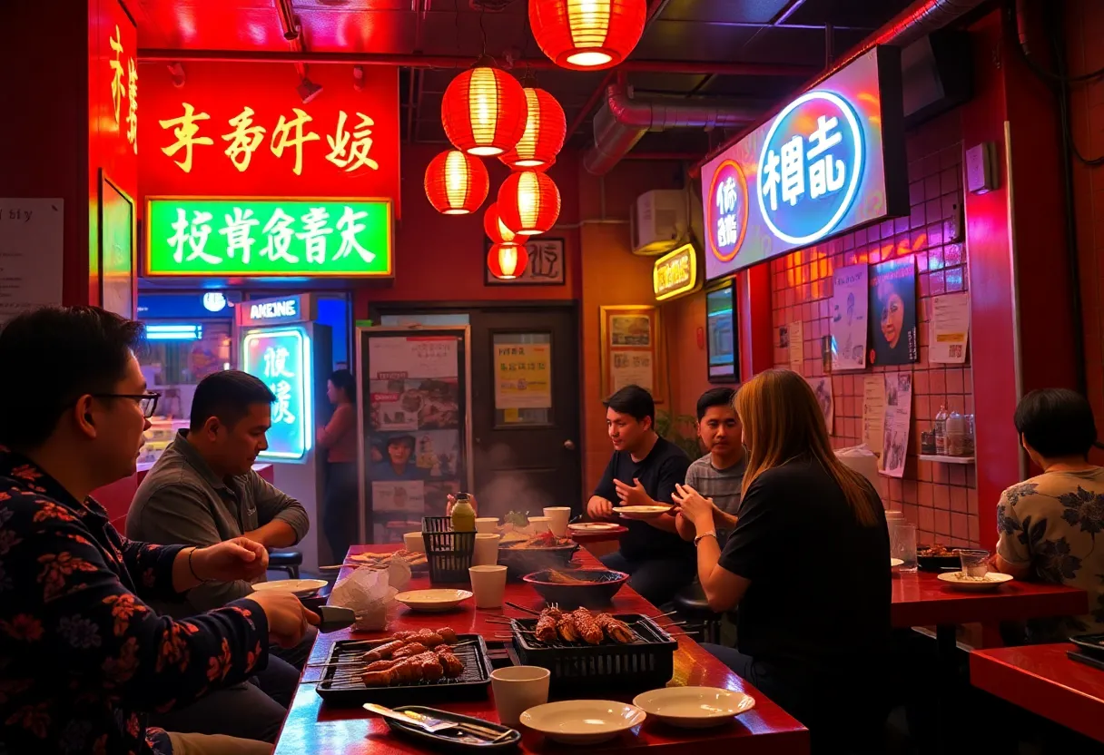 Interior view of Chubby Skewers restaurant in Mesa with neon lights