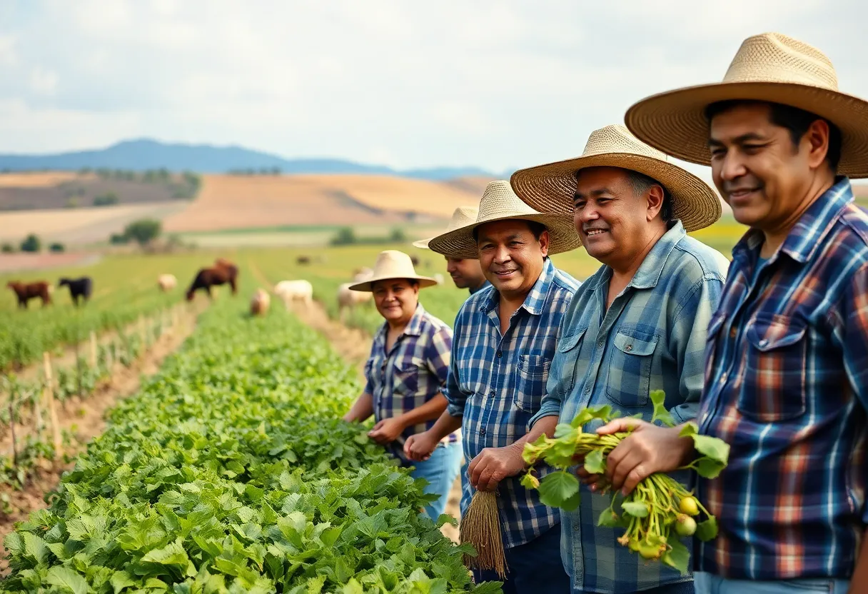 Hispanic workers collaborating on a farm