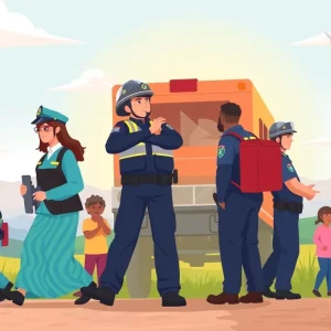 Illustration of community members responding to a missing child alert.