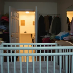 Interior of an apartment with baby supplies indicating community support