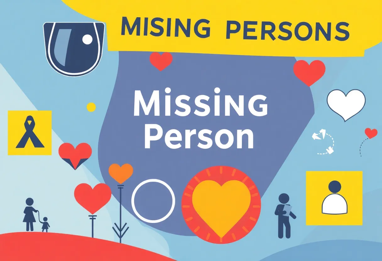 Abstract representation of missing persons awareness with community support symbols.