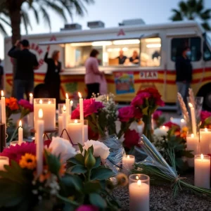 Vigil for stray bullet victim with candles and flowers