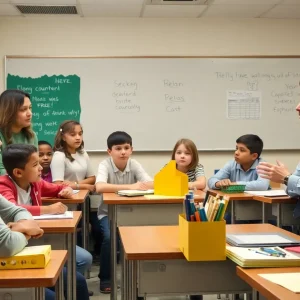 Educators and students expressing concern in a classroom setting due to funding cuts.
