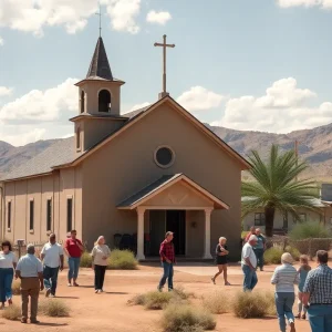 A vibrant village scene in Concho, Arizona with community interactions near a church.