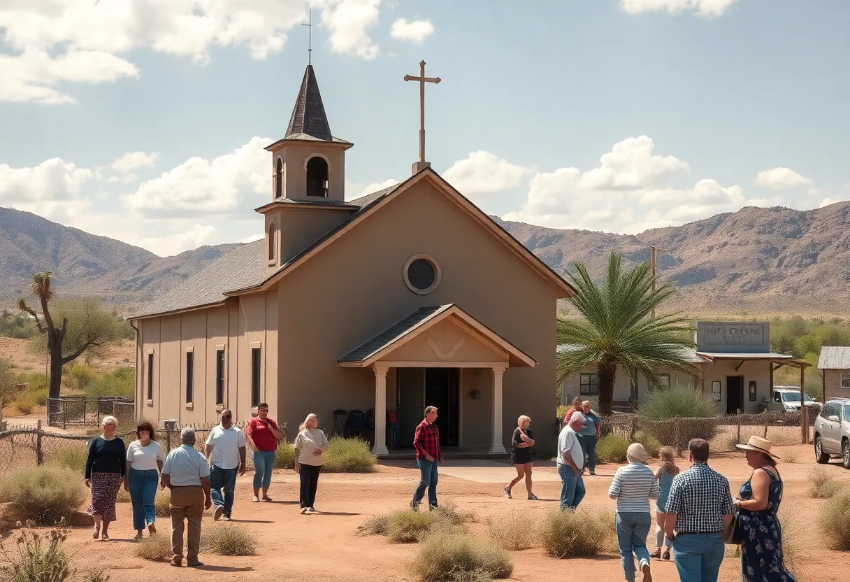 A vibrant village scene in Concho, Arizona with community interactions near a church.