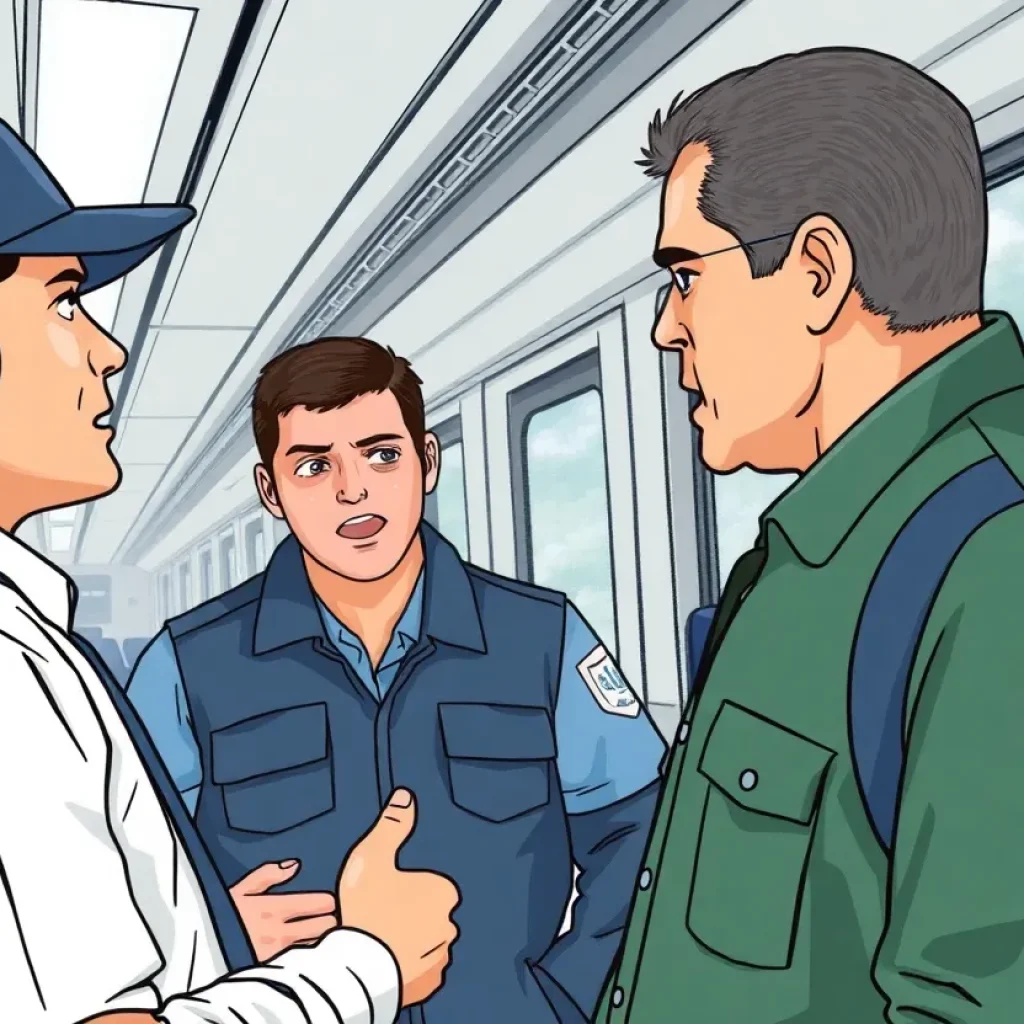 Illustration of a confrontation between a security guard and a man claiming to be a federal agent.
