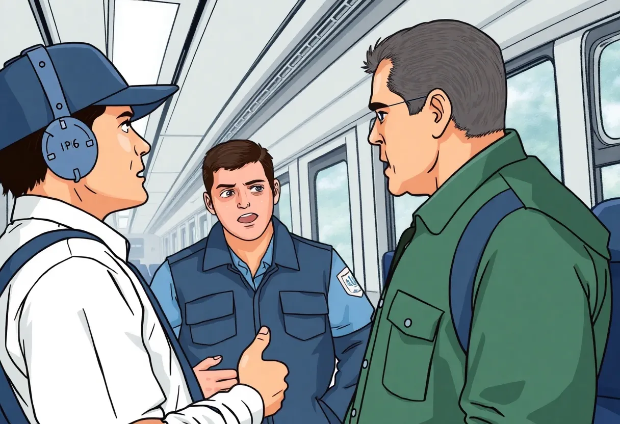 Illustration of a confrontation between a security guard and a man claiming to be a federal agent.