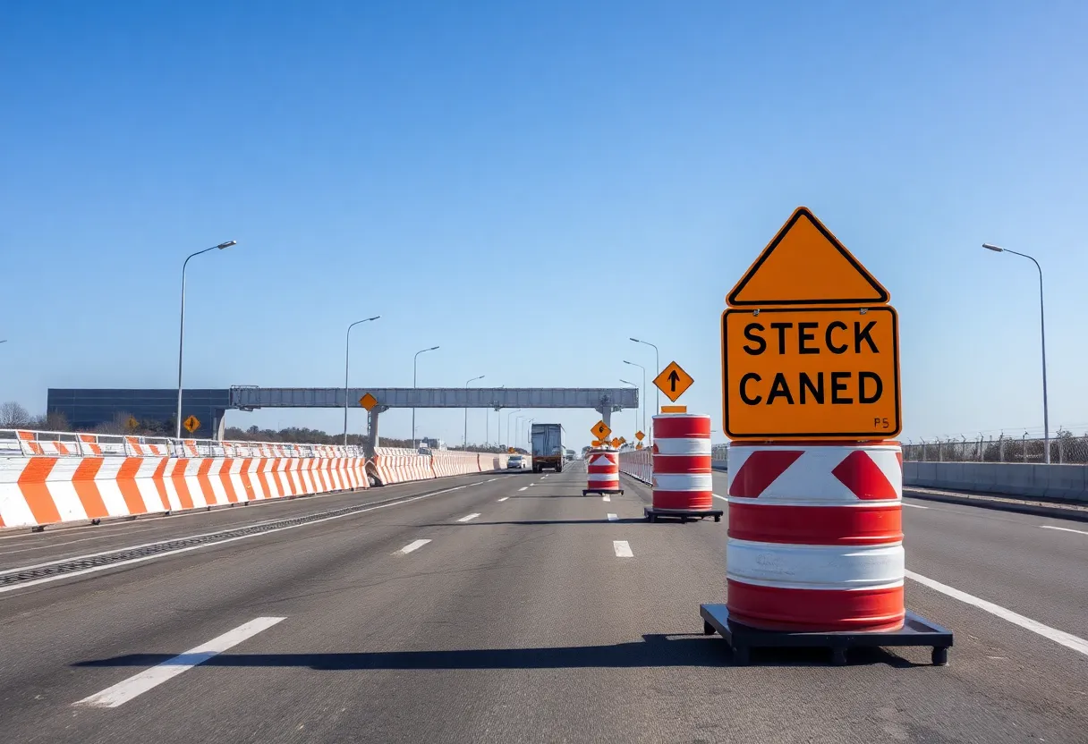 Construction zone on the highway with safety barriers