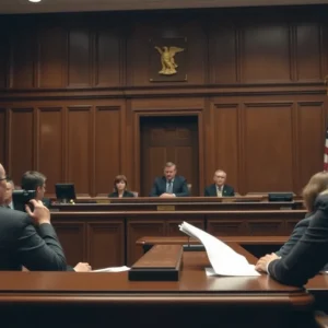 Courtroom with legal documents and gavel