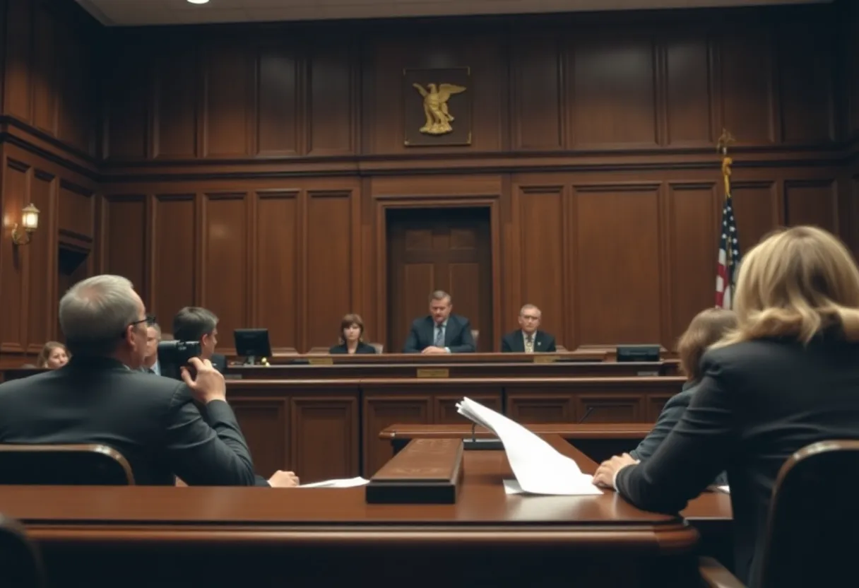 Courtroom with legal documents and gavel