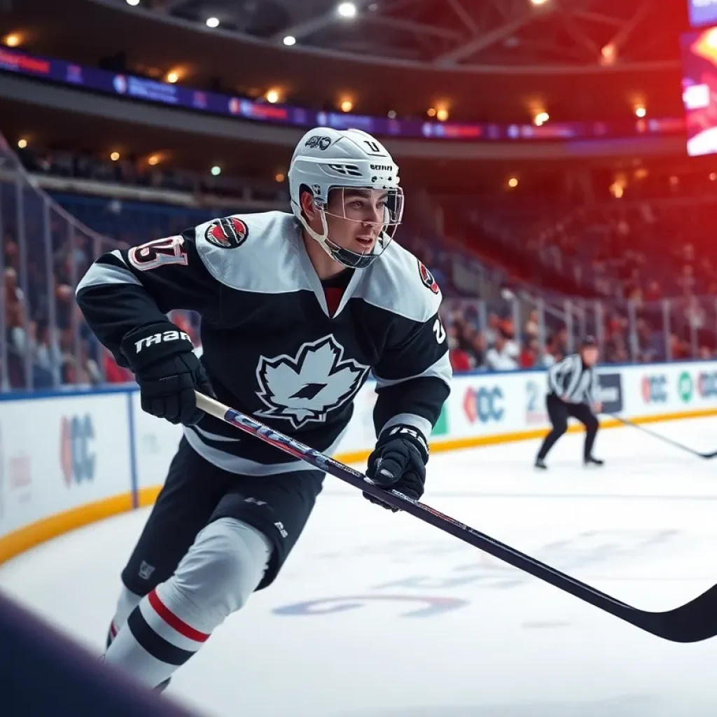 Dynamic hockey action scene featuring a young player skating with a puck.