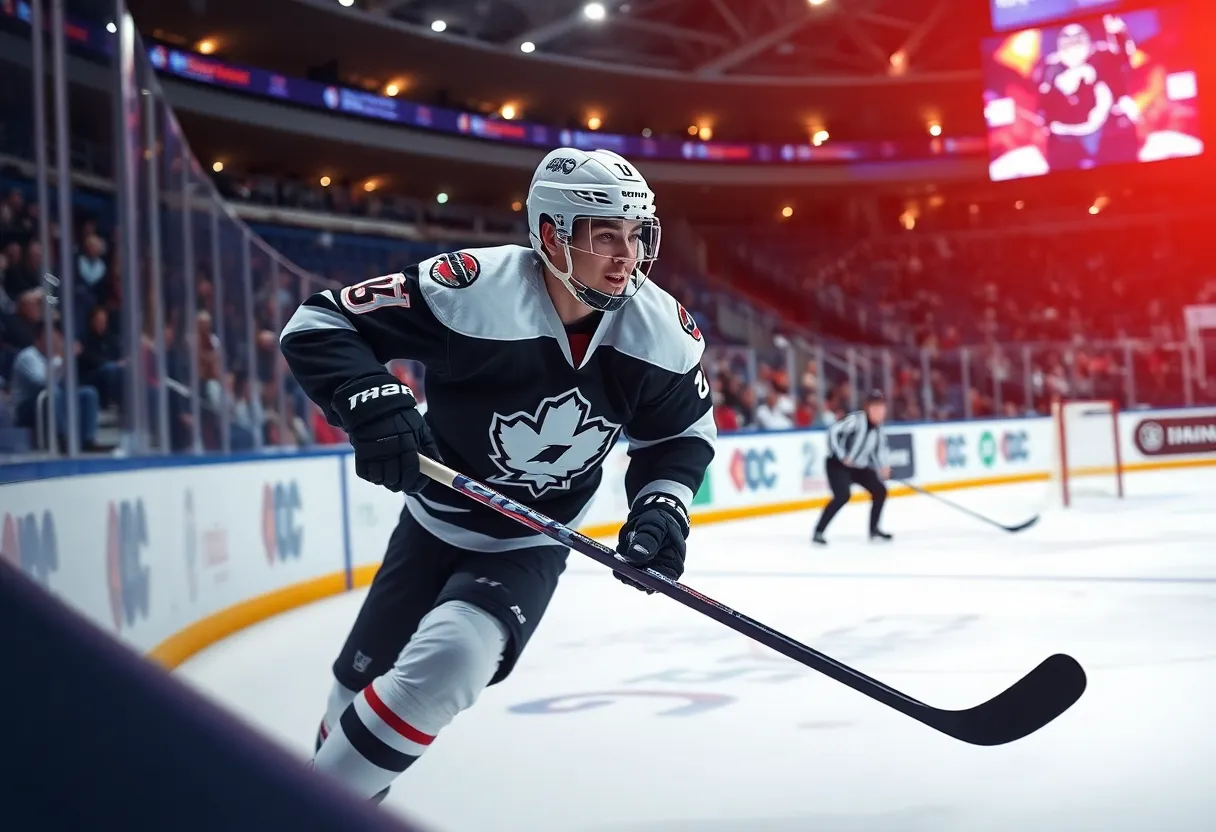 Dynamic hockey action scene featuring a young player skating with a puck.