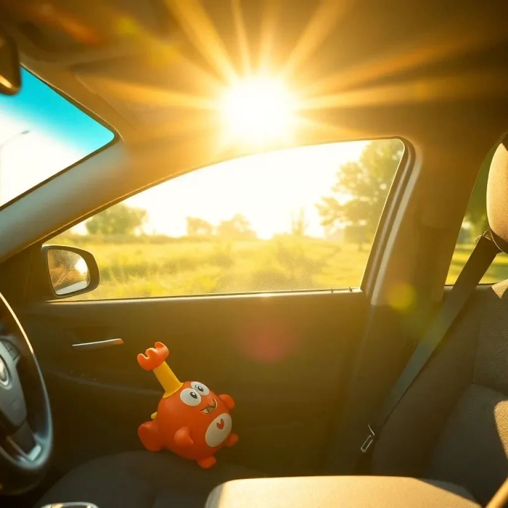 A parked car with a child's toy on the front seat under a sunny sky.