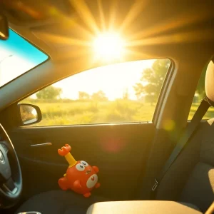 A parked car with a child's toy on the front seat under a sunny sky.