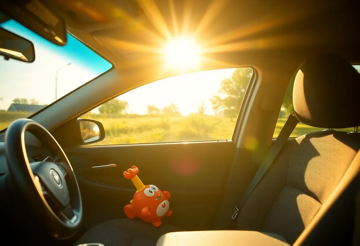 A parked car with a child's toy on the front seat under a sunny sky.