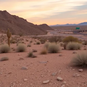 A peaceful desert landscape near Tucson, Arizona, showing Interstate 19